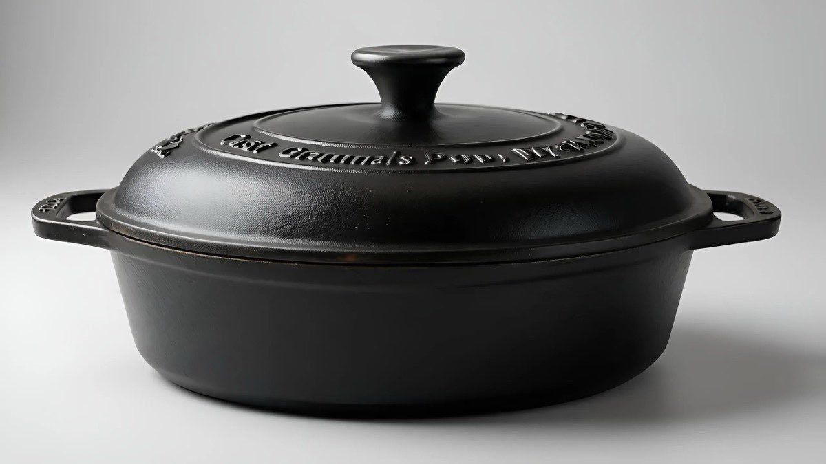 A photorealistic cast iron skillet with warm kitchen lighting
